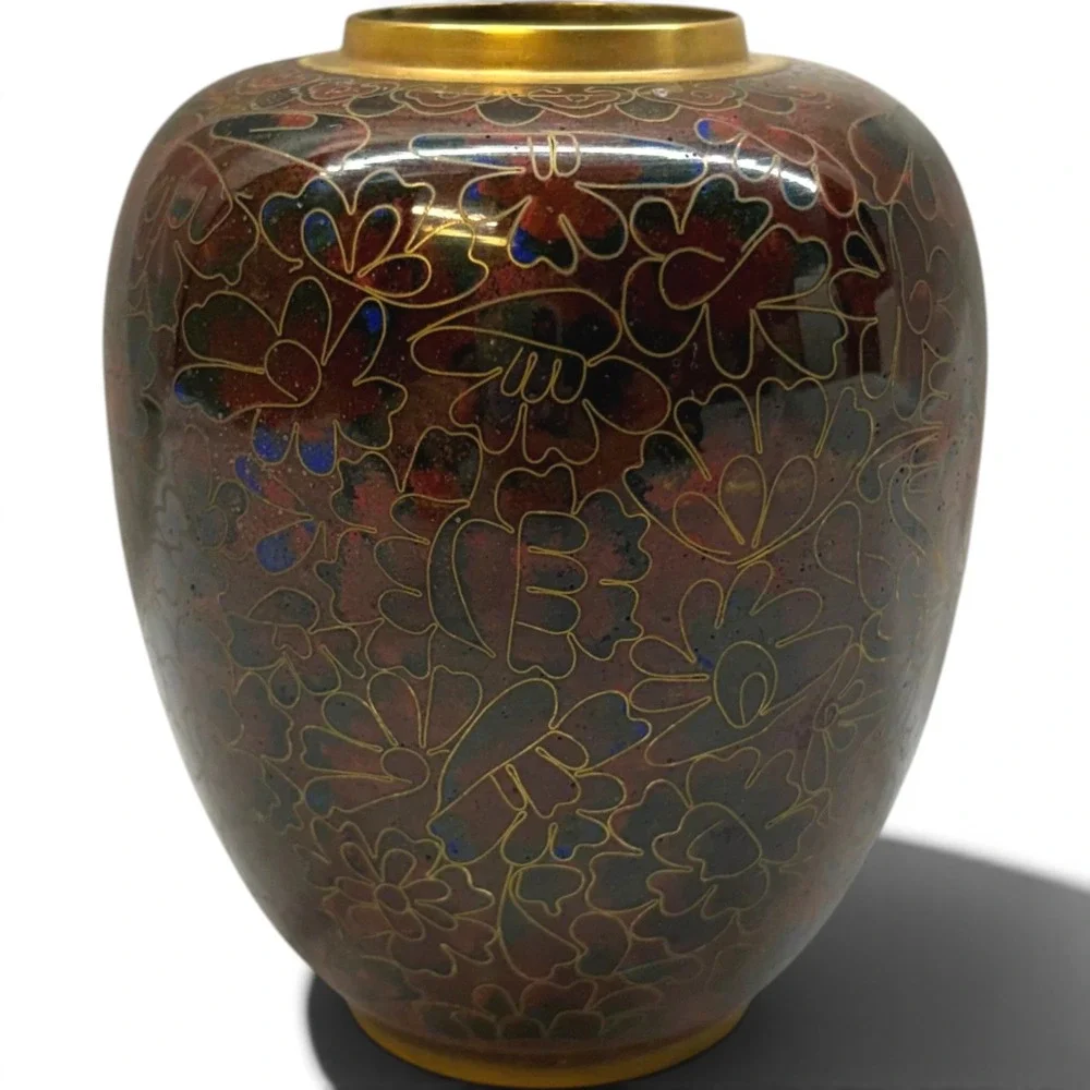 Vintage Cloisonne Enamel Vase Small Red Floral Brass 4.75in Good Chinoiserie